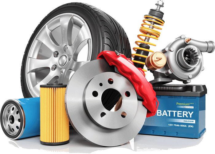 Car parts including tire, battery, filter, shock absorber.